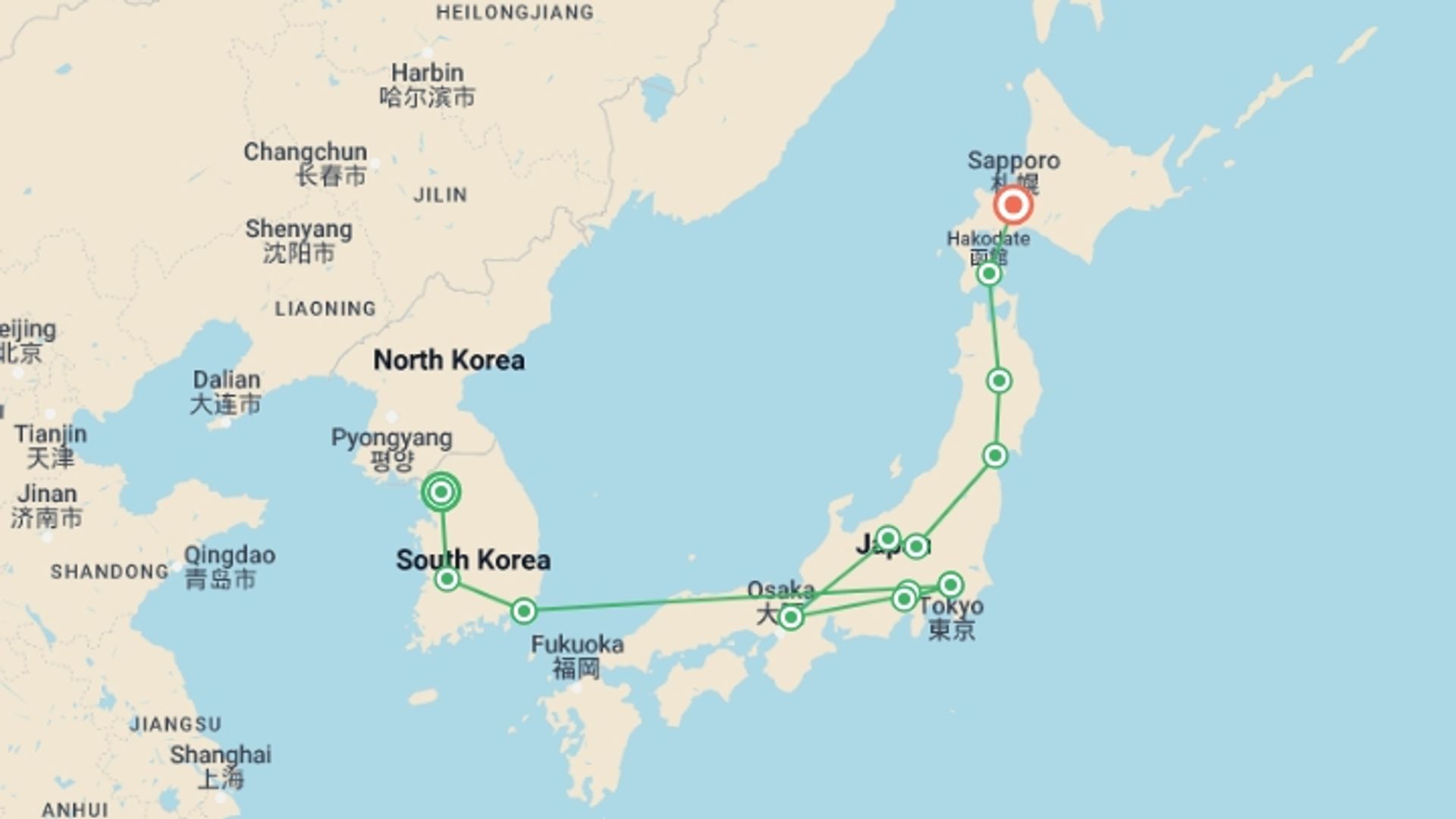 A map showing the tour itinerary for the trip: Scenic Korea and Japan’s Corners, Ending in Sapporo, starting in Seoul, South Korea and ending in Sapporo, Japan going through 10 other destinations.