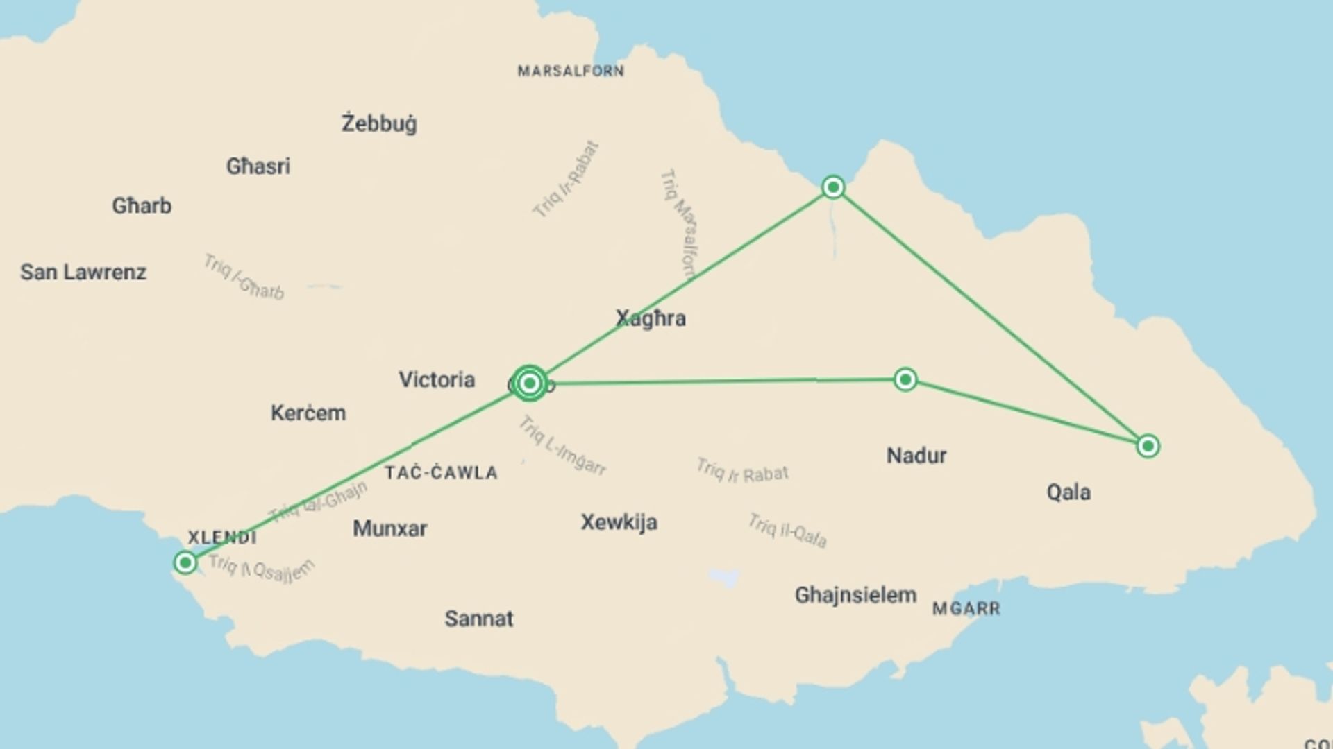 A map showing the tour itinerary for the trip: Walking on Gozo - Calypso's Isle, starting in Gozo, Malta and ending in Gozo, Malta going through 3 other destinations.