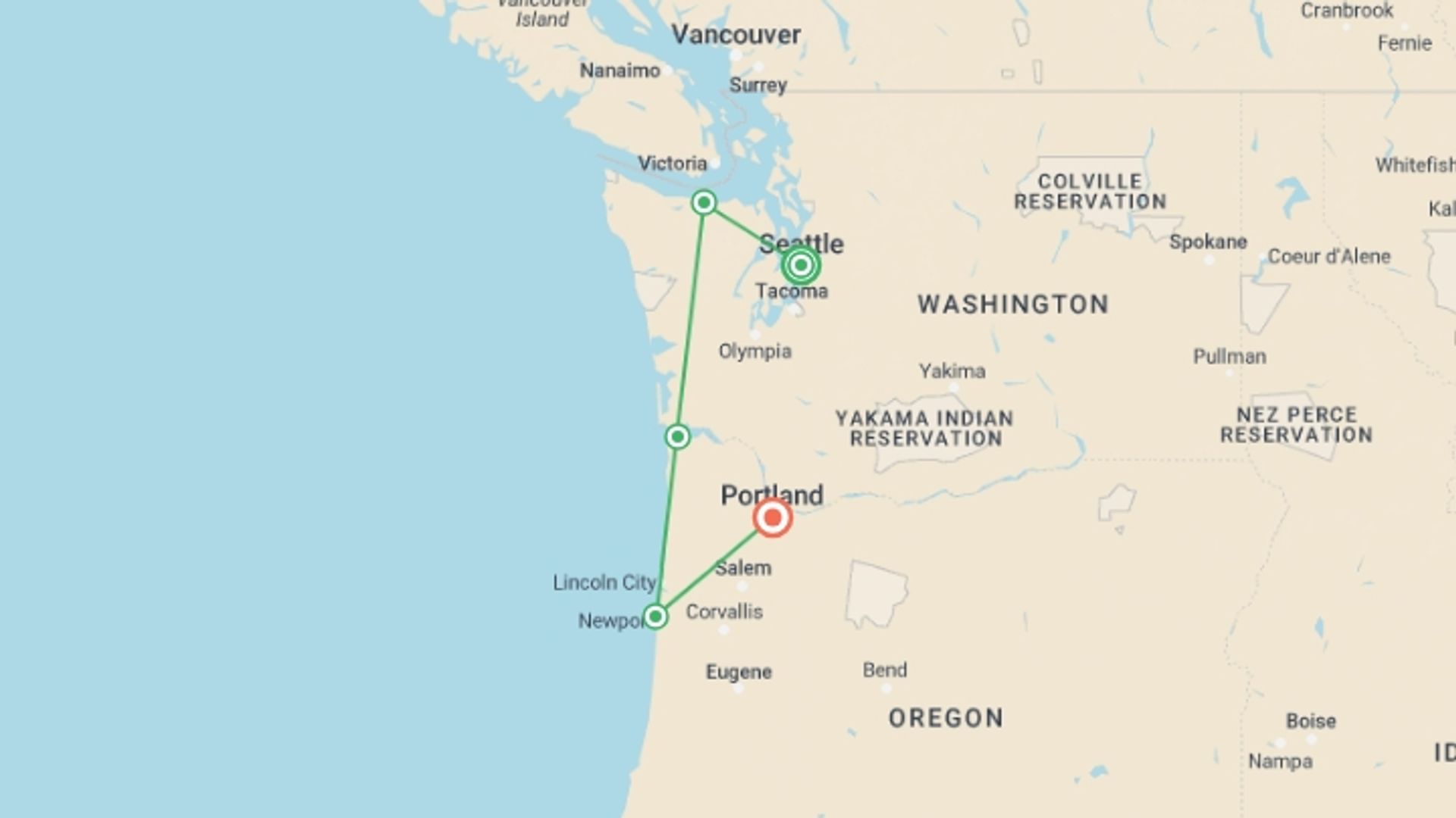 A map showing the tour itinerary for the trip: Scenic Seattle, Portland and Oregon Coast, starting in Seattle, USA and ending in Portland, OR, USA going through 3 other destinations.