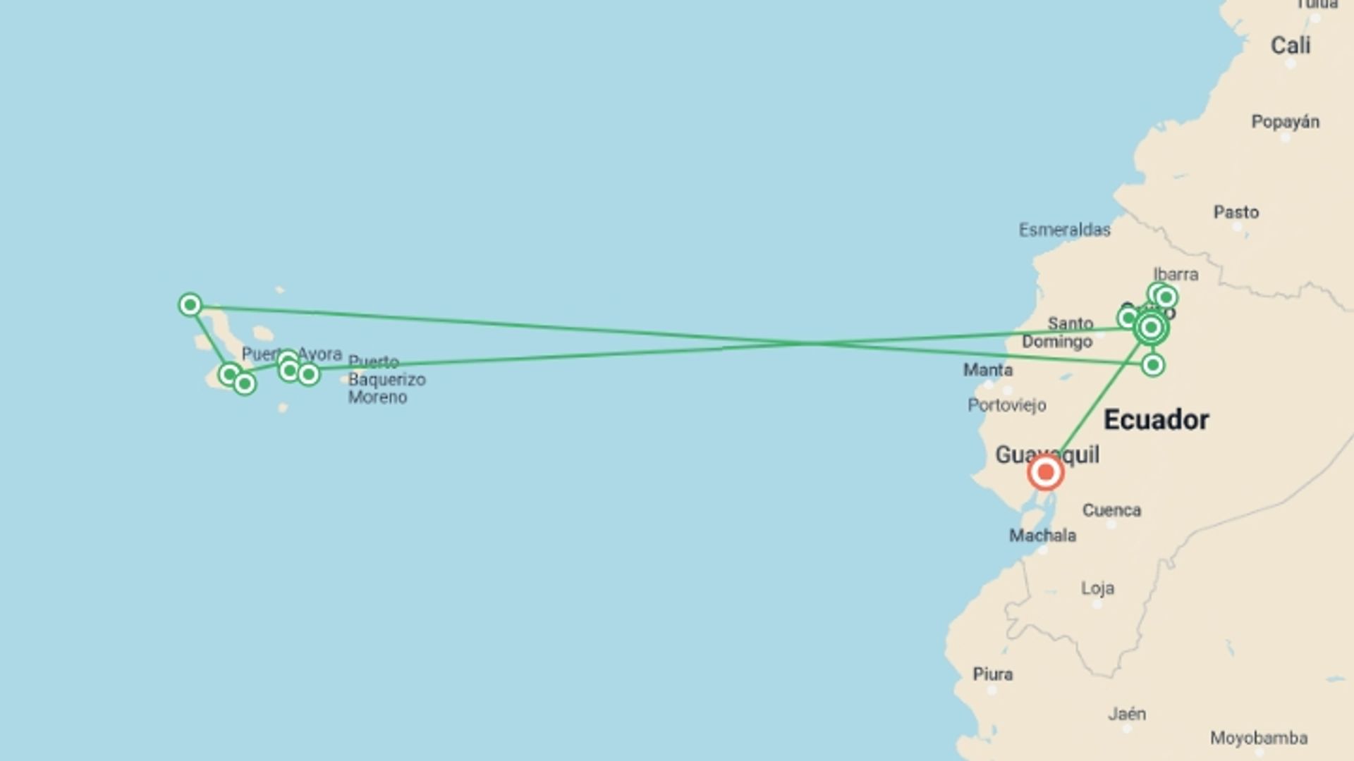 A map showing the tour itinerary for the trip: Volcanoes and Galapagos, starting in Quito, Ecuador and ending in Guayaquil, Ecuador going through 10 other destinations.