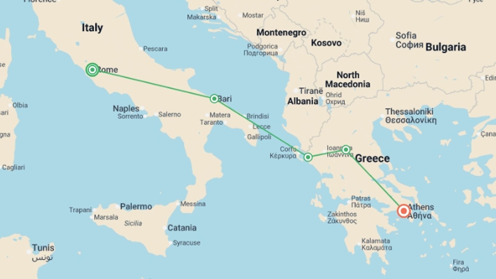 A map showing the tour itinerary for the trip: Rome, Puglia and Meteoras, starting in Rome, Italy and ending in Athens, Greece going through 3 other destinations.