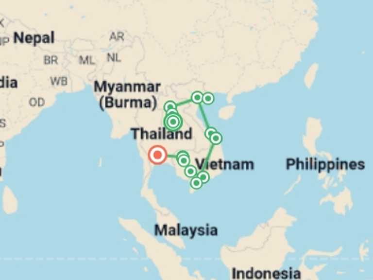 Map itinerary of Asia Tour in September 2026 with 12 destination visits for the trip: Indochina Discovery - 22 days