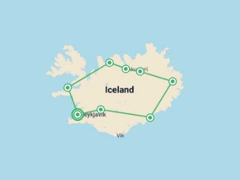 Map of a Glaciers Tour with 8 destination visits for the trip: Iceland Explorer