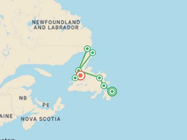 Map itinerary of Canada Tour in Spring with 8 destination visits for the trip: Scenic Wonders of Newfoundland and Labrador