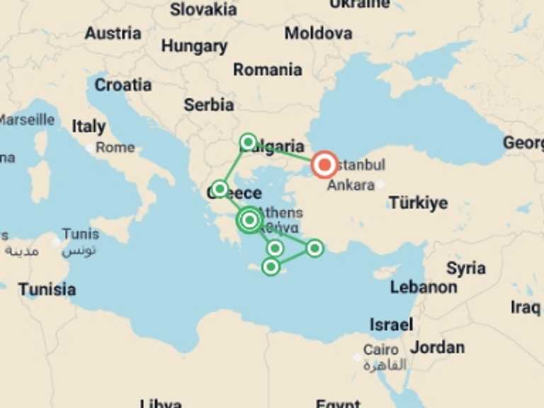Map of Heraklion City sightseeing Tour with 7 destination visits for the trip: Greece, Bulgaria, and Istanbul