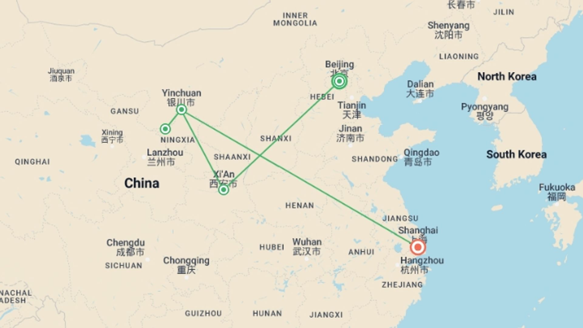 A map showing the tour itinerary for the trip: The Mysterious West Of China, Private Tour, starting in Beijing, China and ending in Shanghai, China going through 3 other destinations.