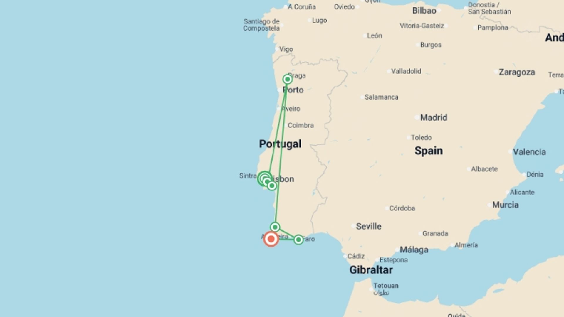 A map showing the tour itinerary for the trip: Lisbon to Algarve Ride, starting in Lisbon, Portugal and ending in Sagres, Portugal going through 5 other destinations.