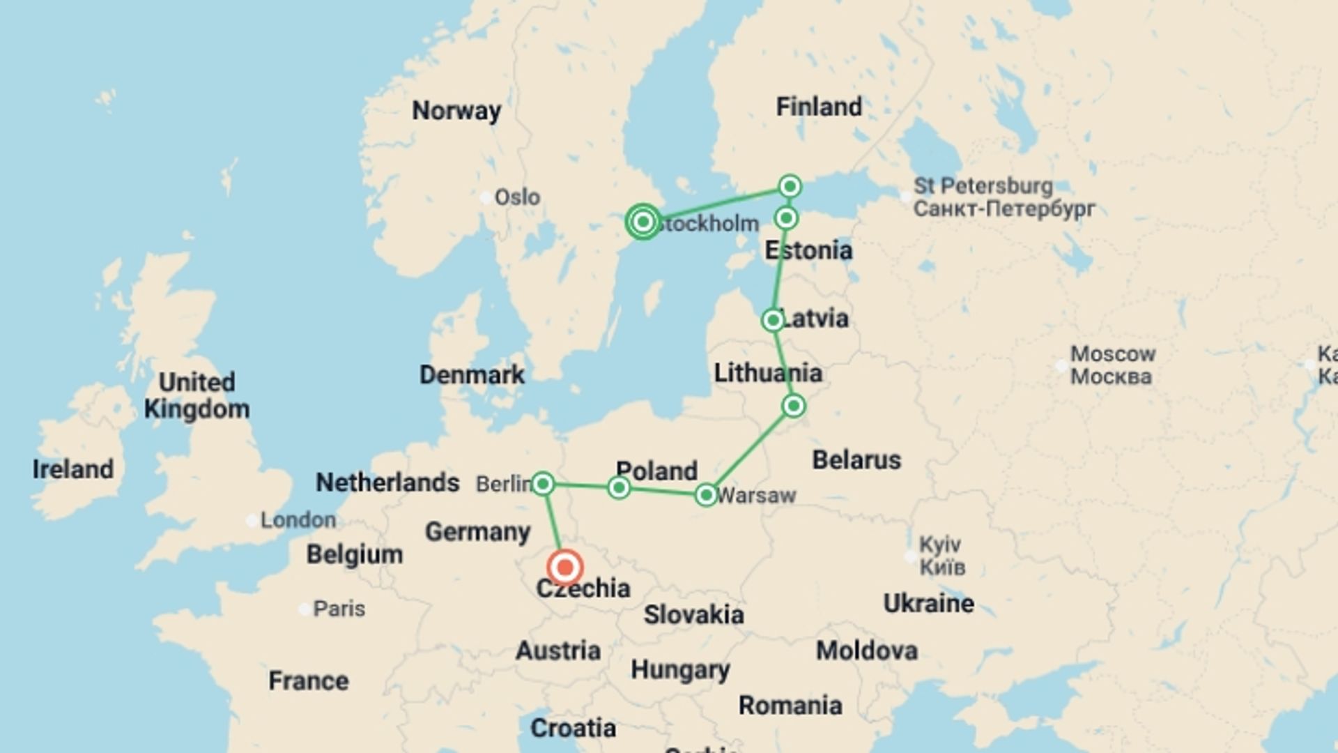 A map showing the tour itinerary for the trip: Baltic Capitals End Prague, starting in Stockholm, Sweden and ending in Prague, Czech Republic going through 7 other destinations.