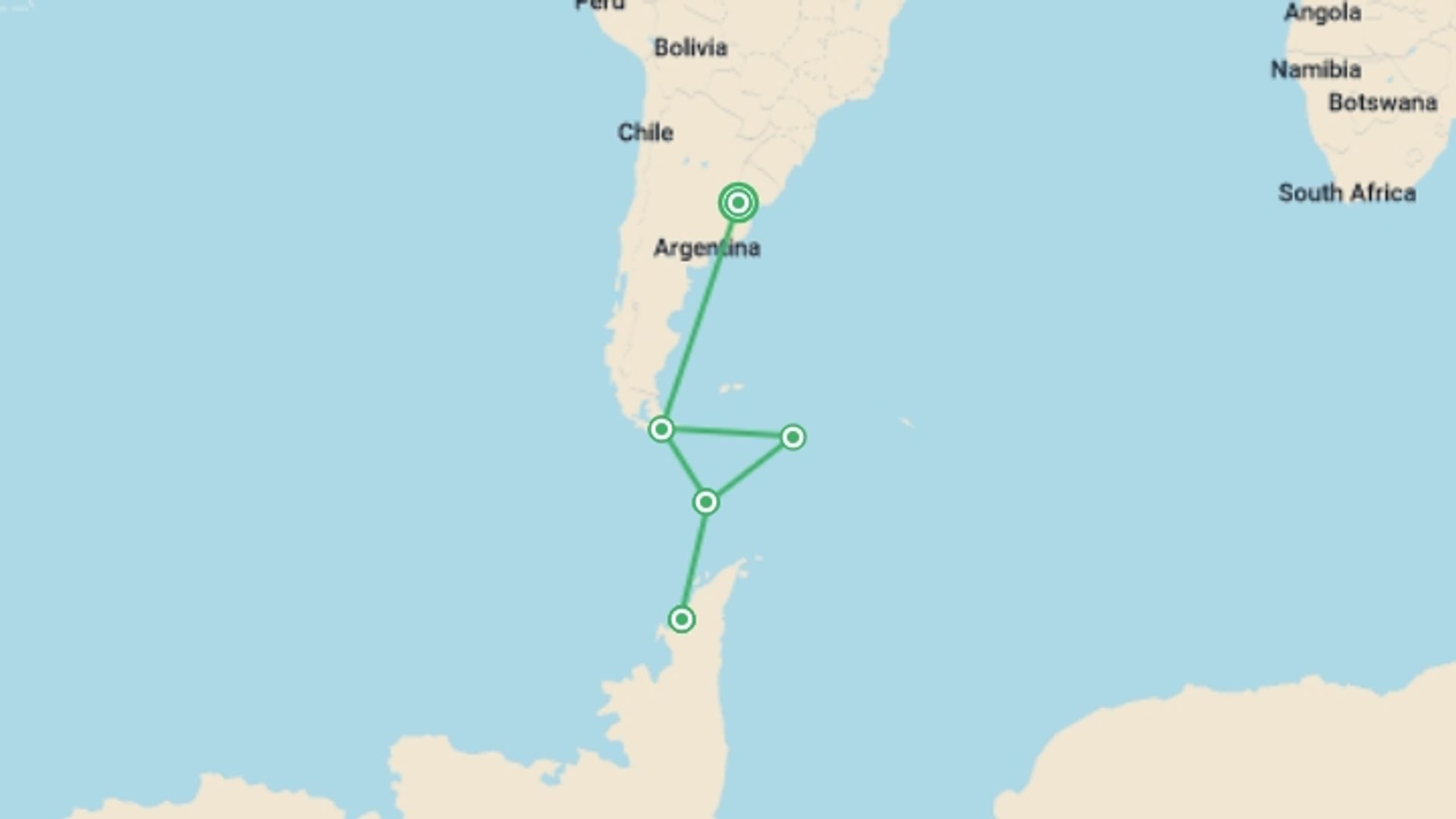 A map showing the tour itinerary for the trip: Antarctica: The White Continent , starting in Buenos Aires, Argentina and ending in Buenos Aires, Argentina going through 4 other destinations.