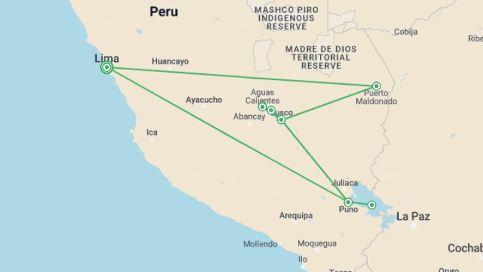 A map showing the tour itinerary for the trip: Real Peru, starting in Lima, Peru and ending in Lima, Peru going through 7 other destinations.