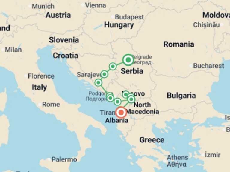 Map itinerary of Balkans Tour in August 2026 with 7 destination visits for the trip: Belgrade to Tirana - 8 days