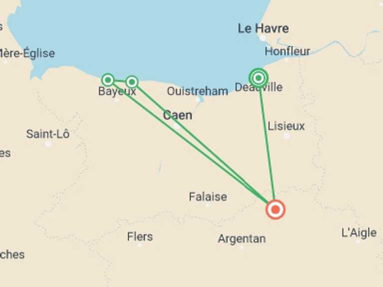Map itinerary of Europe Tour in August 2026 with 1 destination visits for the trip: Normandy Walk from Deauville to Bayeux