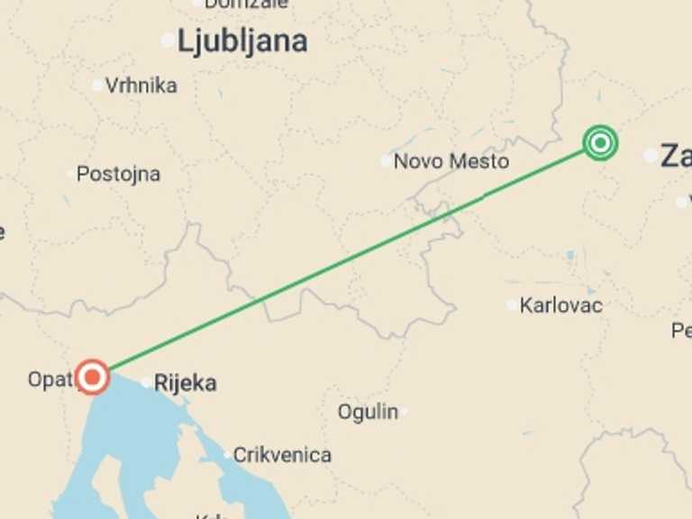 Map itinerary of Croatia Tour in July 2026 with 2 destination visits for the trip: Zagreb to Opatija - 4 days