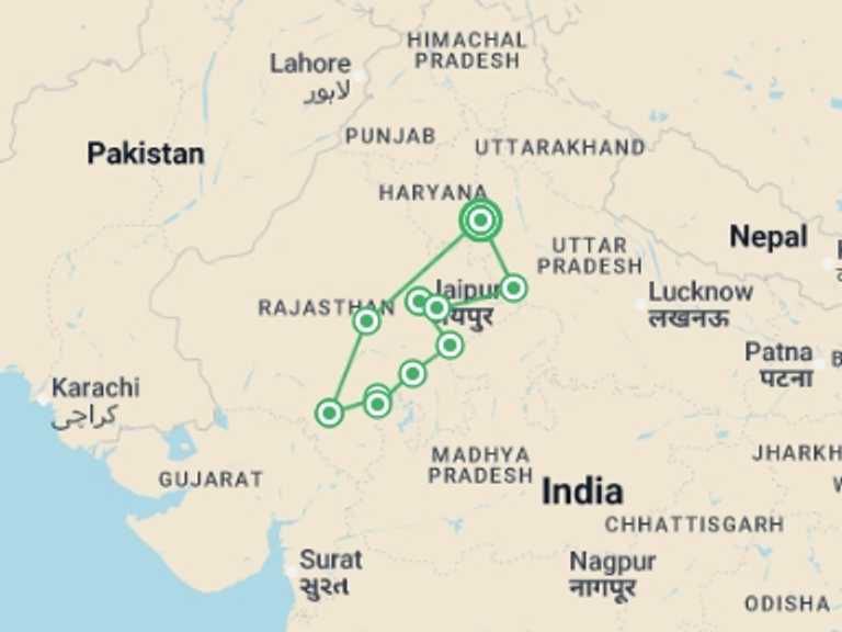 Map itinerary of India Tour in June 2027 with 10 destination visits for the trip: Classic Rajasthan