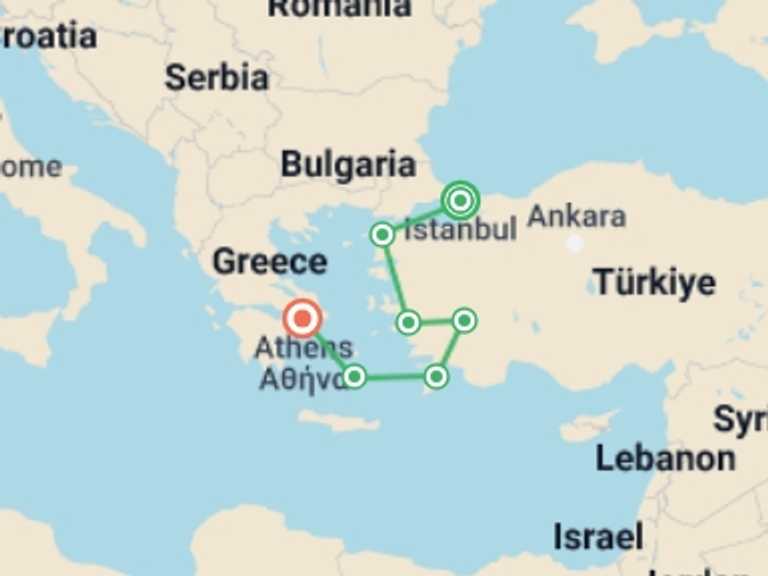Map of 15-Day Pamukkale Tour with 7 destination visits for the trip: Istanbul to the Acropolis - 15 days