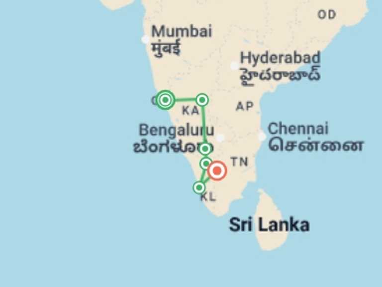Map itinerary of Goa Tour in January 2026 with 6 destination visits for the trip: India: Ancient Ruins & Kerala Beaches