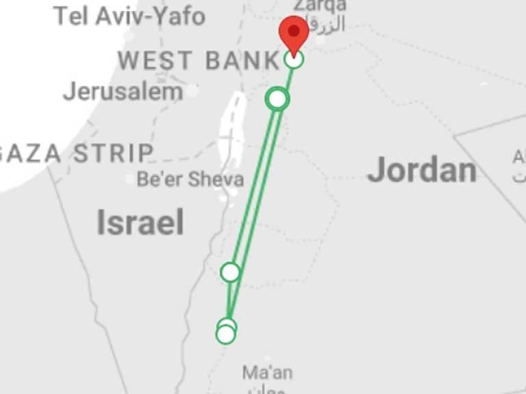Map itinerary of Jordan Tour in September 2025 with 8 destination visits for the trip: Dana to Petra Trek - 8 Days
