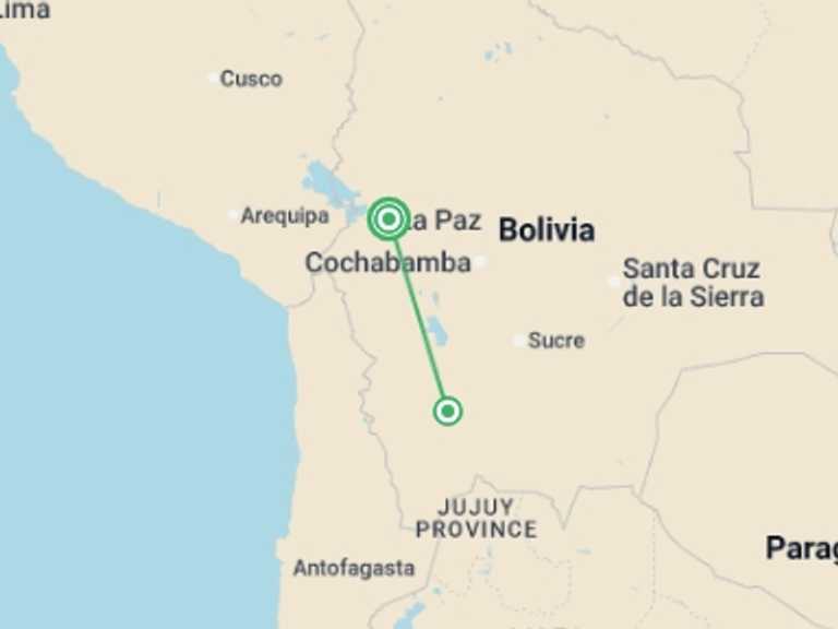 Map of Uyuni Adventure Tour with 2 destination visits for the trip: Uyuni Salt Flats Air-Expedition 4D/3N (Budget)