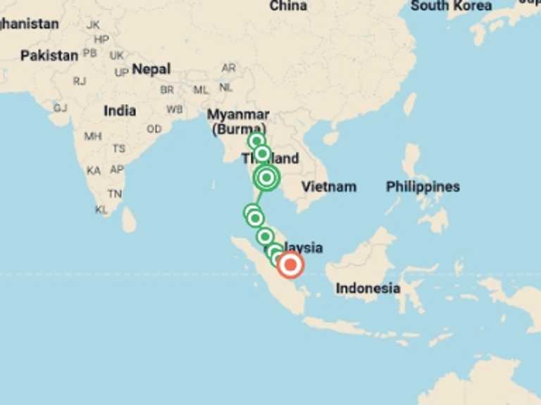 Map of Bangkok Active and outdoor Tour with 10 destination visits for the trip: Best of Thailand & Malaysia