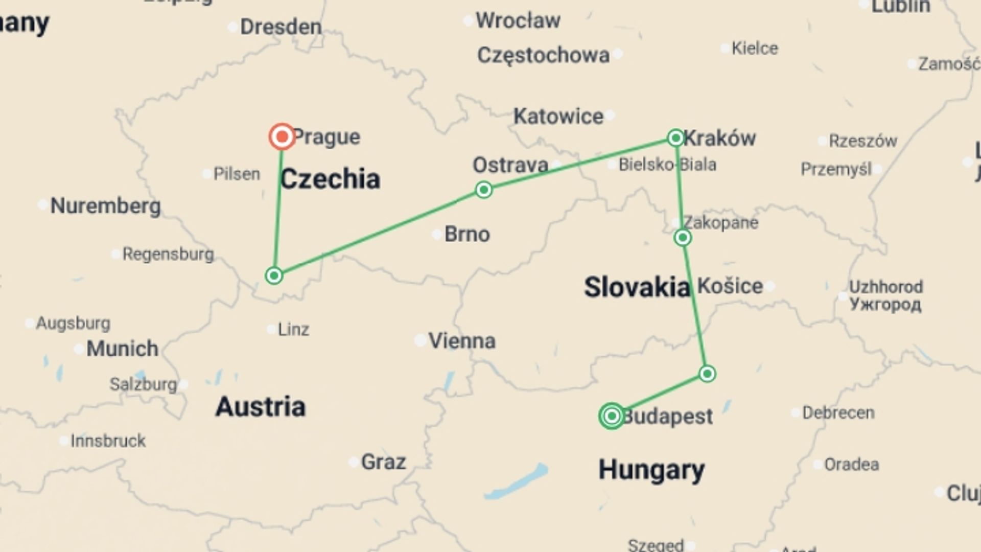 A map showing the tour itinerary for the trip: Explore Eastern Europe, starting in Budapest, Hungary and ending in Prague, Czech Republic going through 5 other destinations.
