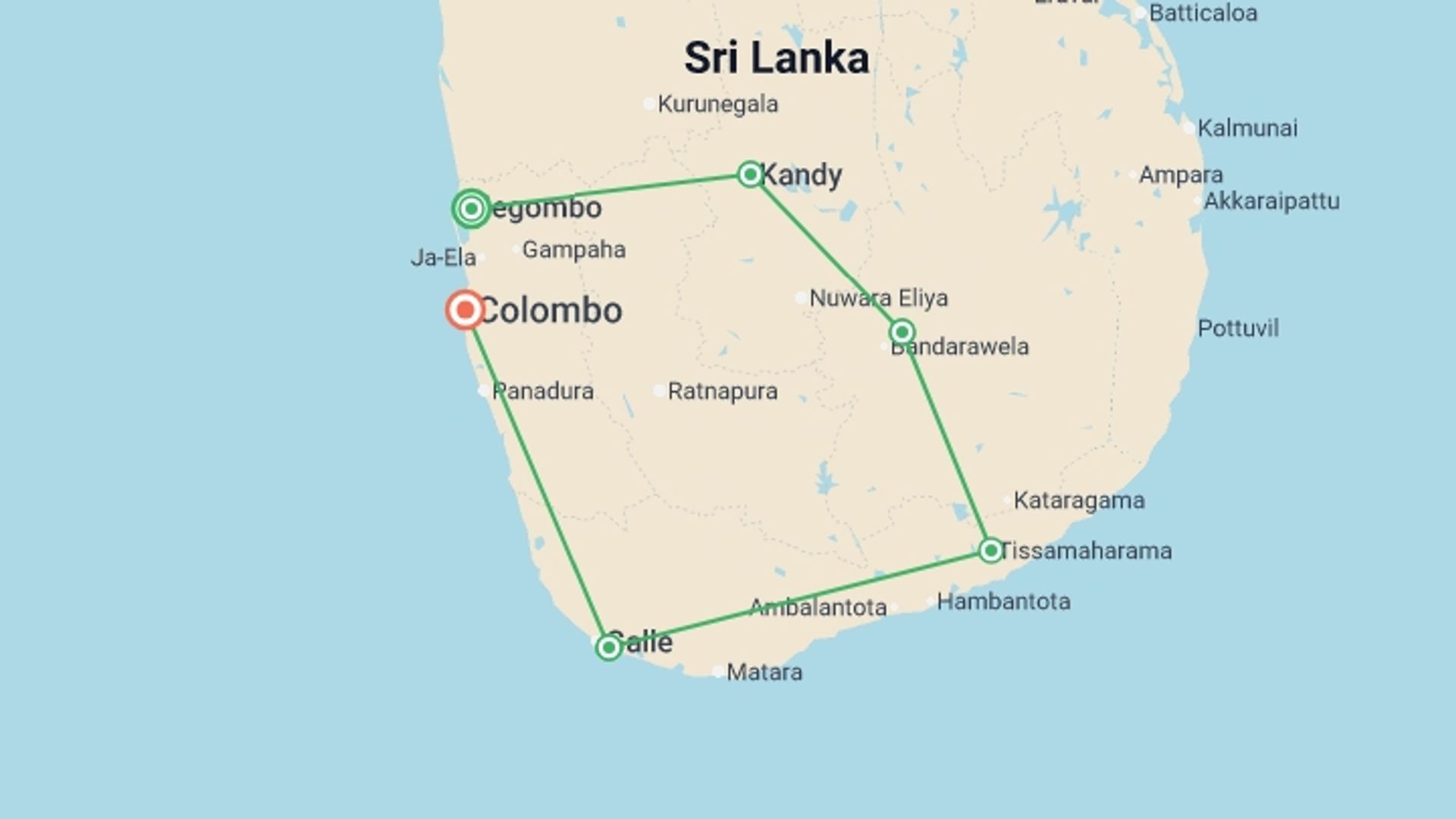 A map showing the tour itinerary for the trip: Essential Sri Lanka, starting in Negombo, Sri Lanka and ending in Colombo, Sri Lanka going through 4 other destinations.