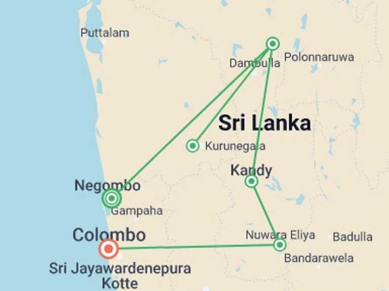 Map of Sri Lanka Tour with 6 destination visits for the trip: Premium Sri Lanka
