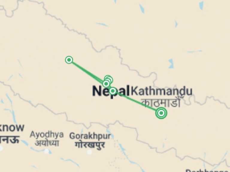 Map itinerary of Kathmandu Tour in October 2026 with 7 destination visits for the trip: Annapurna Base Camp Short Trek
