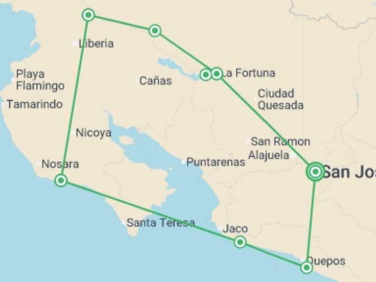 Map of a Volcanoes Tour with 7 destination visits for the trip: Costa Rica Adventure