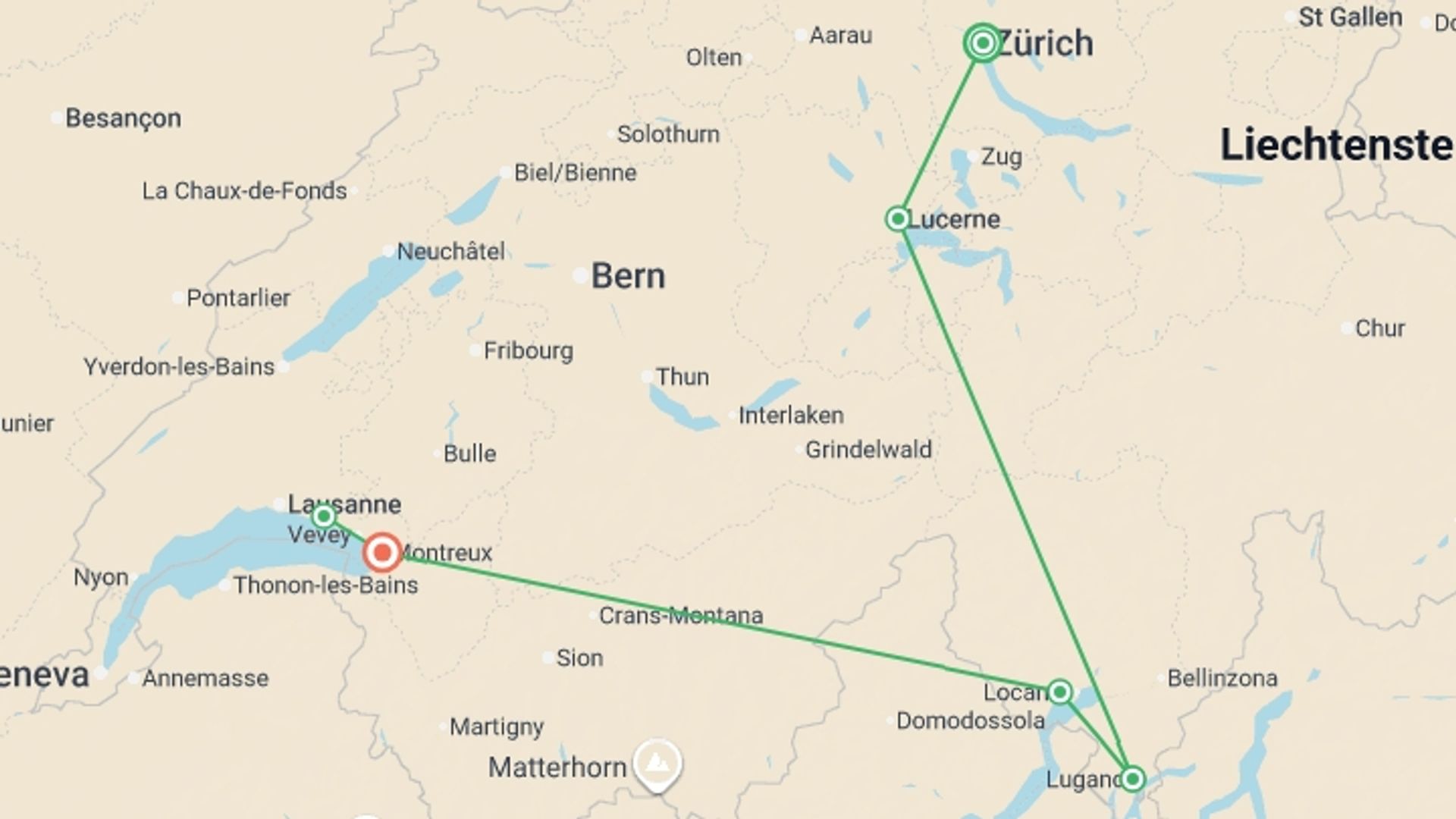 A map showing the tour itinerary for the trip: Discover Switzerland by Rail, starting in Zurich, Switzerland and ending in Montreux, Switzerland going through 4 other destinations.