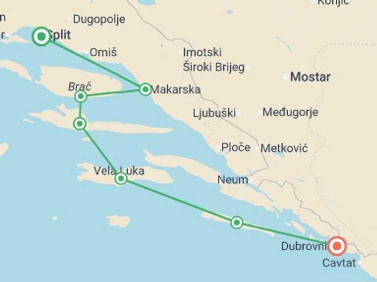 Map of Croatia Tour with 7 destination visits for the trip: Adriatic Explorer from Split (Premium) - 8 days