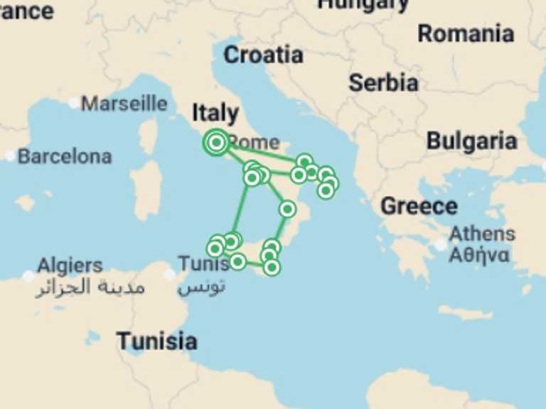 Map itinerary of Italy Tour in June 2026 with 8 destination visits for the trip: Beautiful Puglia, Southern Italy and Sicily