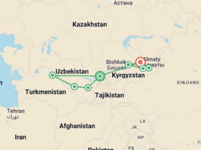 Map itinerary of Asia Tour in April 2027 with 8 destination visits for the trip: Premium Central Asia
