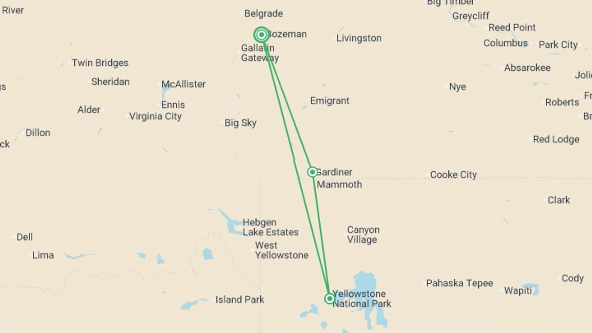 A map showing the tour itinerary for the trip: Yellowstone in Winter - 6 days , starting in Bozeman, USA and ending in Bozeman, USA going through 2 other destinations.