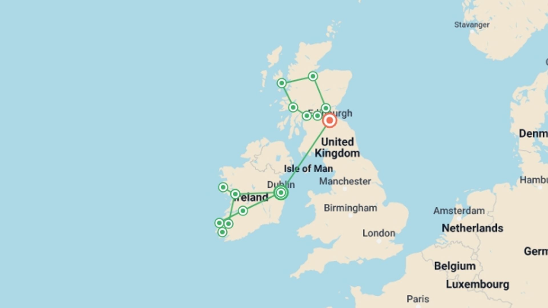 A map showing the tour itinerary for the trip: Best of Ireland and Scotland, starting in Dublin, Ireland and ending in Edinburgh, Scotland going through 9 other destinations.