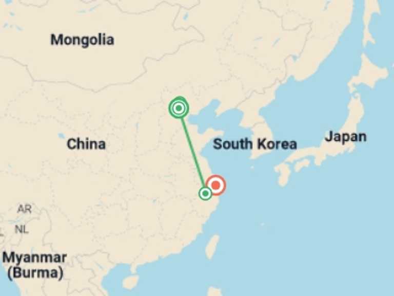 Map itinerary of Asia Tour in September 2026 with 4 destination visits for the trip: Beijing to Shanghai Express - 10 days