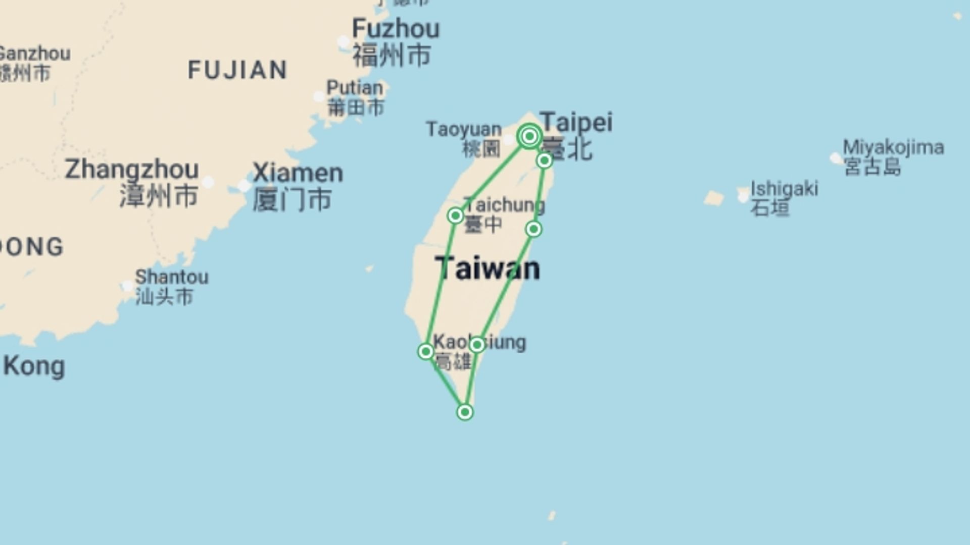 A map showing the tour itinerary for the trip: Totally Taiwan - 5 days, starting in Taipei, Taiwan and ending in Taipei, Taiwan going through 4 other destinations.