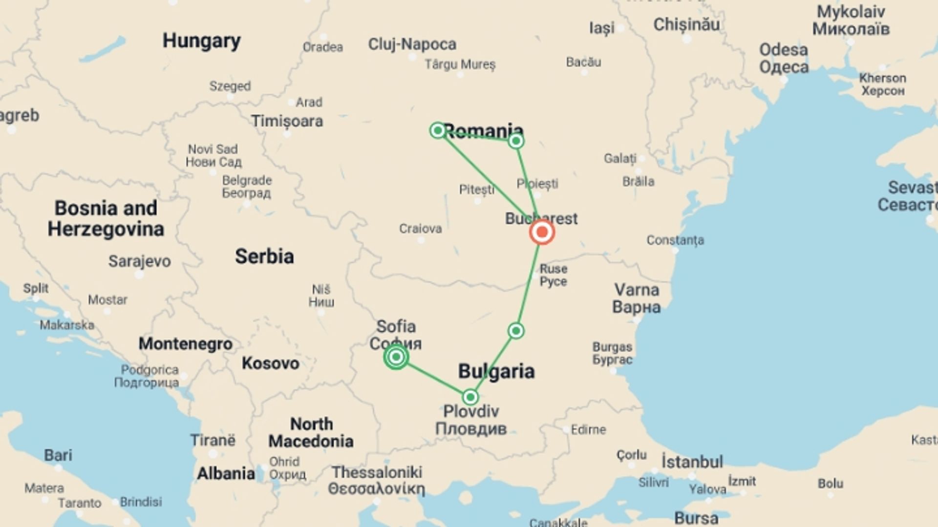 A map showing the tour itinerary for the trip: Best of Bulgaria and Romania, starting in Sofia, Bulgaria and ending in Bucharest, Romania going through 5 other destinations.