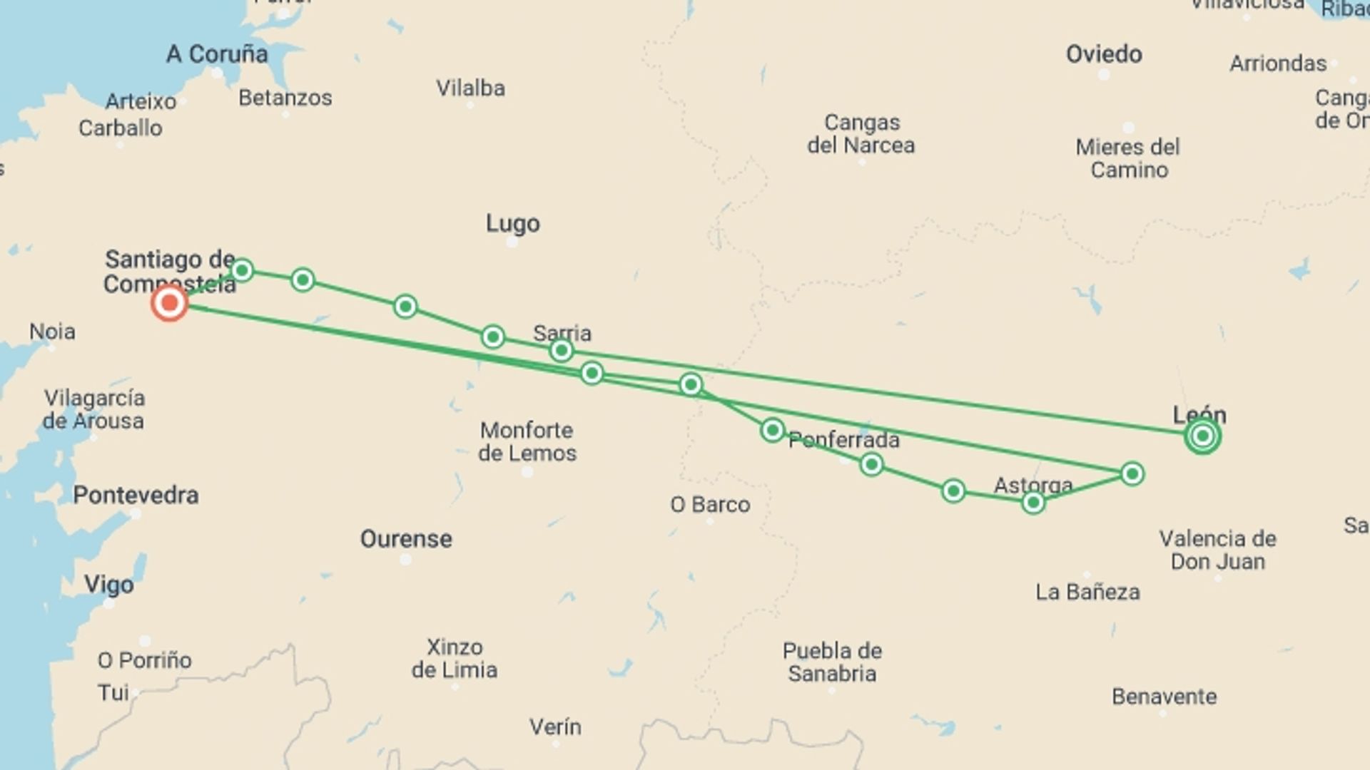 A map showing the tour itinerary for the trip: Camino - Leon to Santiago, starting in Leon, Spain and ending in Santiago De Compostela, Spain going through 12 other destinations.