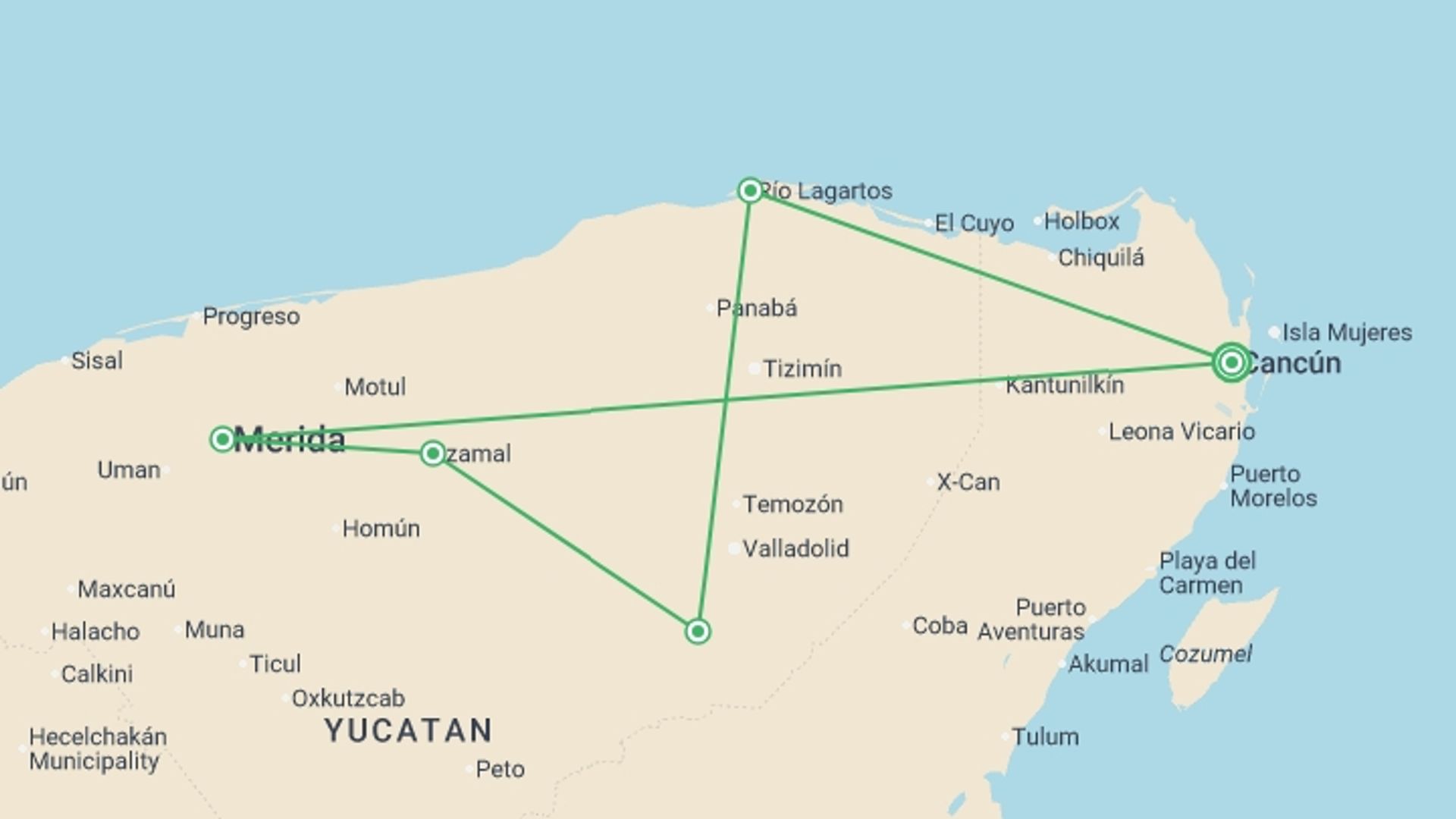 A map showing the tour itinerary for the trip: Yucatan Pearls, starting in Cancún, Mexico and ending in Cancún, Mexico going through 2 other destinations.