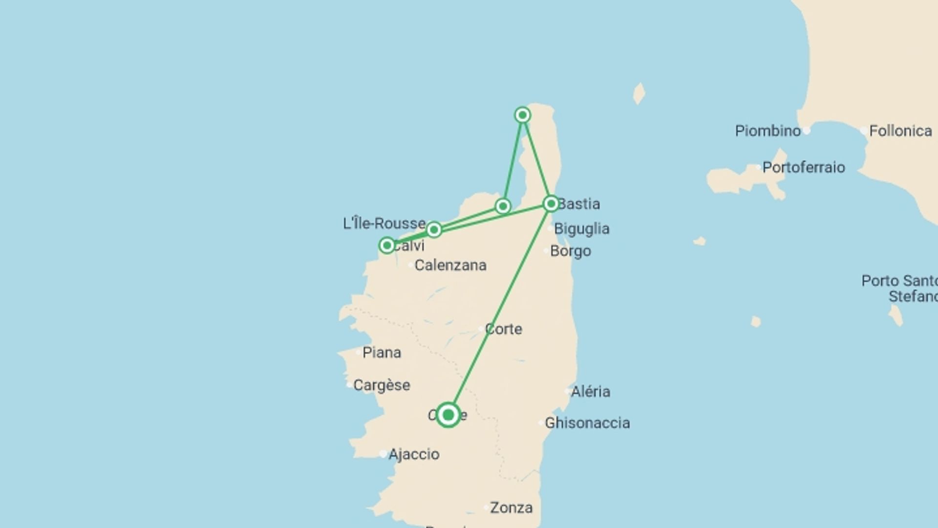 A map showing the tour itinerary for the trip: Corsica with Ebike, starting in Corsica, France and ending in Corsica, France going through 5 other destinations.