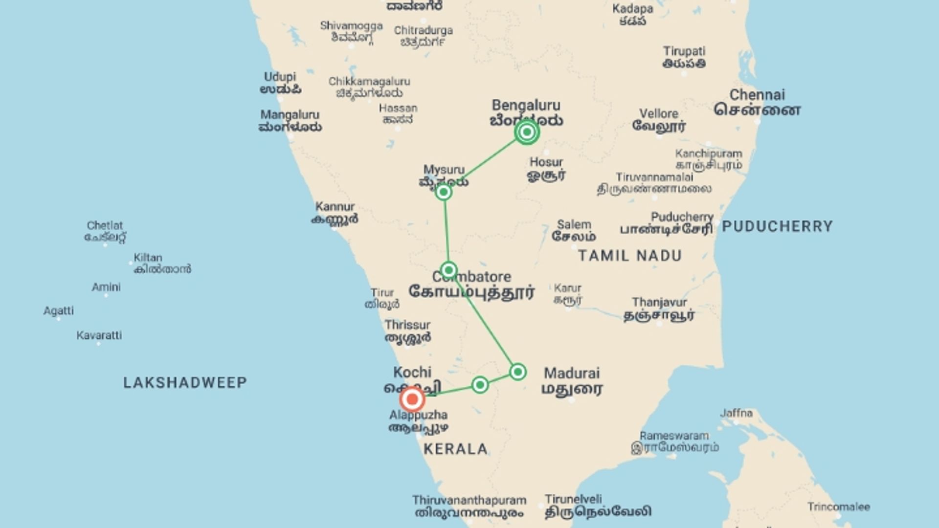 A map showing the tour itinerary for the trip: Best of South India: Hill Stations + Wildlife + Kerala, starting in Bangalore, India and ending in Kochi, India going through 4 other destinations.