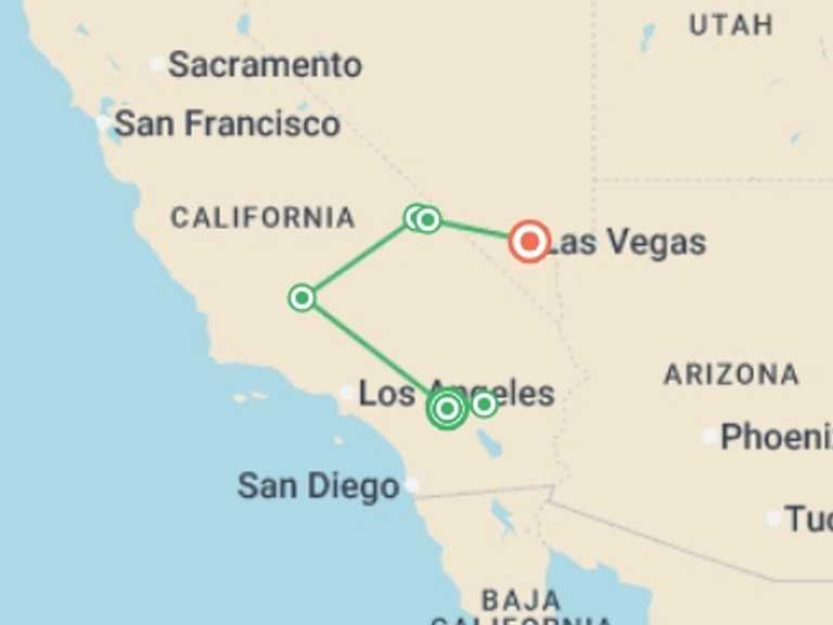 Map of a Explorer Tour with 4 destination visits for the trip: Palm Springs, Joshua Tree & Death Valley - 6 days