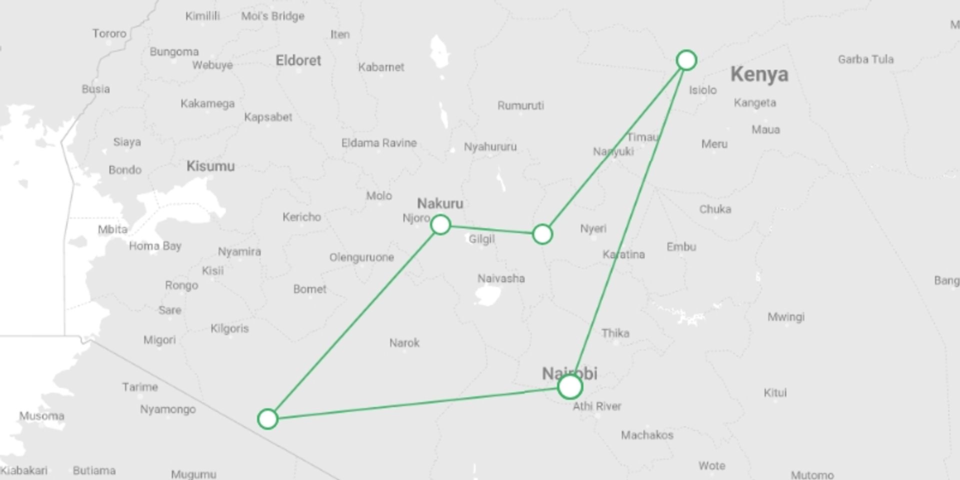 A map showing the tour itinerary for the trip: 8 DAYS  KENYA HAKUNA MATATA SAFARI, starting in Nairobi, Kenya and ending in Nairobi, Kenya going through 6 other destinations.
