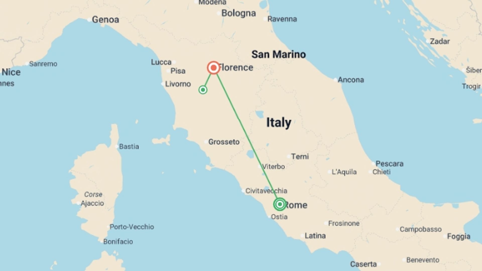 A map showing the tour itinerary for the trip: Gems Of Rome & Florence, Semi-private Tour, starting in Rome, Italy and ending in Florence, Italy going through 0 other destinations.