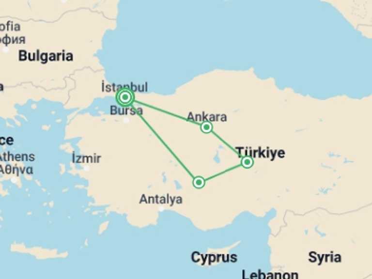 Map of Turkey Cultural, religious and historic sites Tour with 4 destination visits for the trip: Best Of Anatolia Luxury Turkey Tour