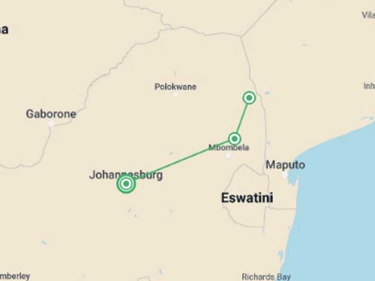 Map of a Active and outdoor Tour with 3 destination visits for the trip: Kruger Park Highlights