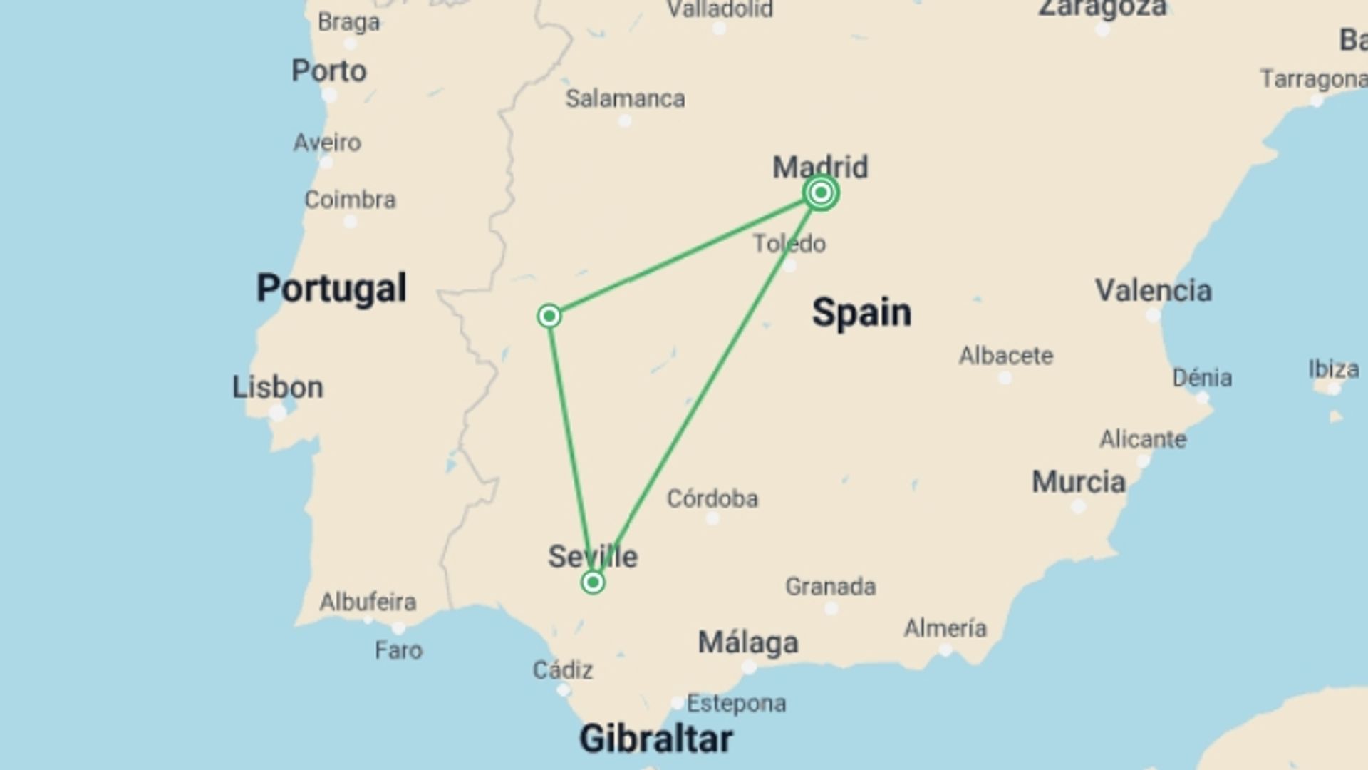 A map showing the tour itinerary for the trip: 2-day Caceres And Seville From Madrid, starting in Madrid, Spain and ending in Madrid, Spain going through 1 other destinations.