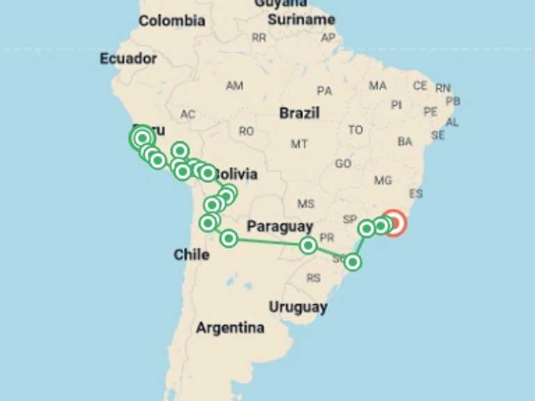 Map of South America Tour with 23 destination visits for the trip: Lima to Rio de Janeiro (Chile & Argentina) Travel Pass