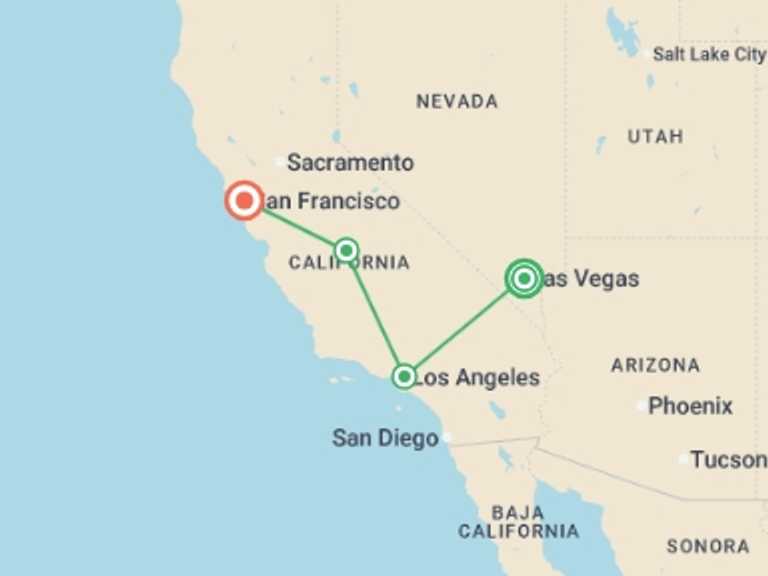 Map of North America Tour with 4 destination visits for the trip: West Coast Wonders: Las Vegas to San Francisco