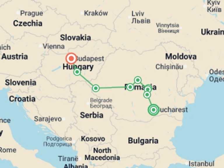 Map itinerary of Budapest Tour in July 2026 with 6 destination visits for the trip: Best of Romania, Transylvania & Hungary